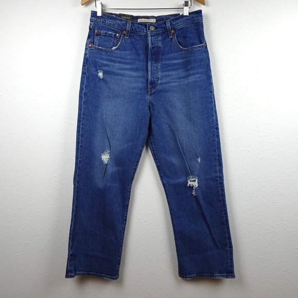 Levi's Ribcage Straight Ankle Jeans Size 31x27 Blue Denim Stretch Distressed - Picture 1 of 10